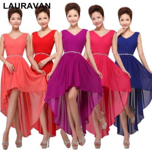Robe princesse girl chiffon asymmetric v neck hot pink blue red purple high low bridesmaid party dress brides maid dresses