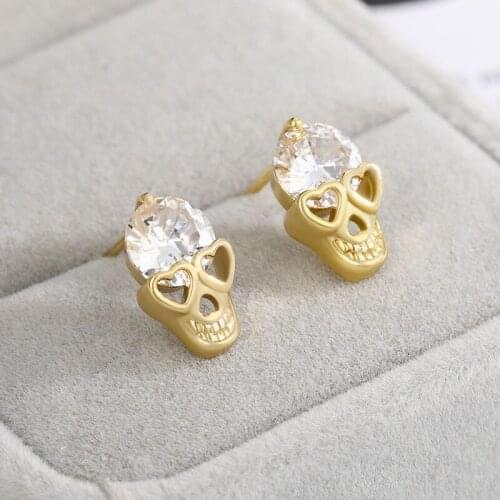 Luxury Cute Heart Eyes Skull Earrings for Women Girl Small Jewelry Gold Color Trendy Shining CZ Crystal Stud Earrings Cool Gift
