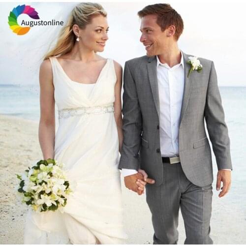 Gray Beach Wedding Suits Groom Tuxedos Slim Fit Bridegroom Men Suits 2 Pieces (Jacket+Pants) Best Man Prom Wear Costume Homme