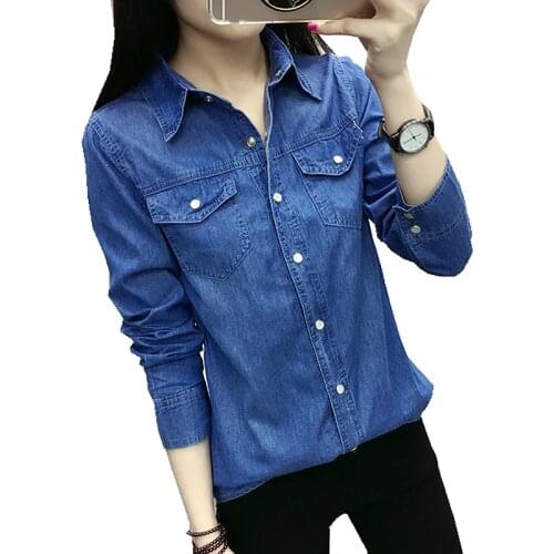 Fashion spring Autumn women Turn-down Collar full-sleeve blouse cotton pocket Single Breasted blue Denim shirt casual tops