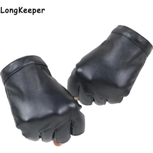 2021 Women Black PU Leather Fingerless Gloves Solid Female Button Warm Half Finger Driving Men motor Punk Gloves Thick Guantes