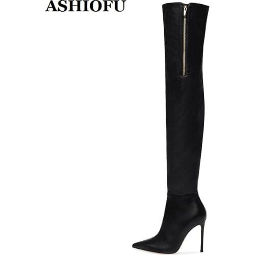 ASHIOFU Handmade New Style Ladies High Heel Boots Skinny Faux-suede Black Thigh High Boots Winter Evening Over Knee Boots Shoes