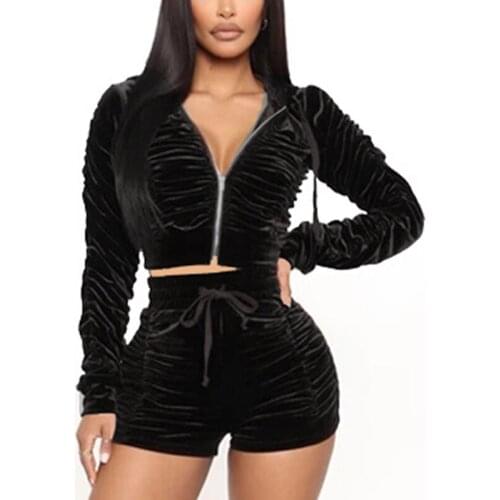 Womens velvet suit folds drawstring black zipper sweatshirts High waist Skinny suits with shorts casual streetwear 2021 autumn