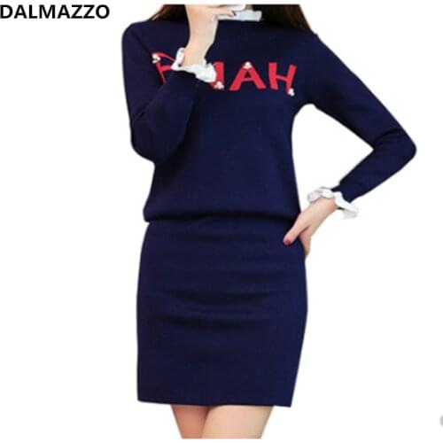 Print Letters Womans Knit Skirt Suit 2021 Newest Autumn Women Long Sleeve Pullovers Sweater Tops + Mini Skirt Sets Clothes Femme