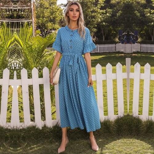 Fashion Summer Maxi Dress Womens Boho Printed Beach Dress Casual Short Sleeve Wave Point Slim Dresses For Women Vestidos Robes
