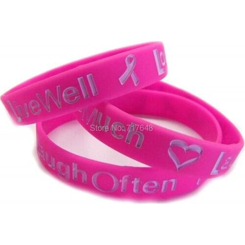 100pcs LIVE WELL LOVE MUCH LAUGH OFTEN Pink Breast Cancer AWARENESS wristband silicone bracelets free shipping by ePacket A