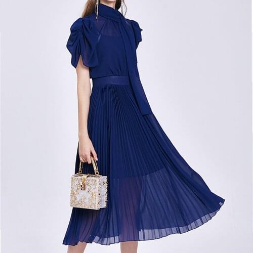 2020 Women New Summer Elegant Chiffon Dress High Quality Office Single-breasted Party Dress Bow Designer Runway Dress Vestidos