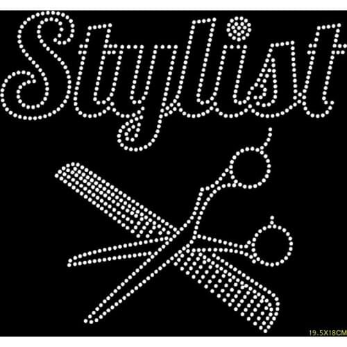 Free shipping SCISSOR BRUSH STYLIST HAIR hotfix rhinestones transfer design iron on for apron