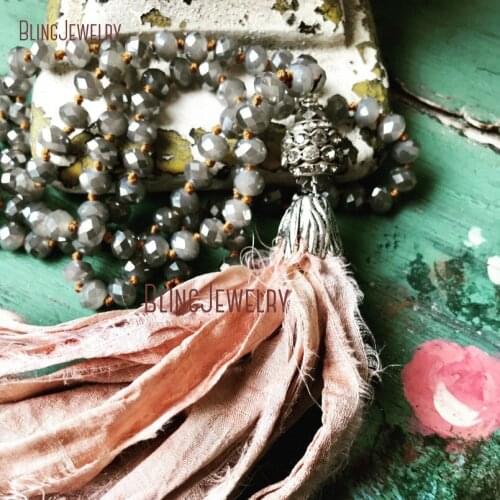 Boho Glam Shabby Pink Sari Silk Tassel Necklae Vintage Necklace Gray Crystal Beads Rondelles Knot Beads Necklace NM11313