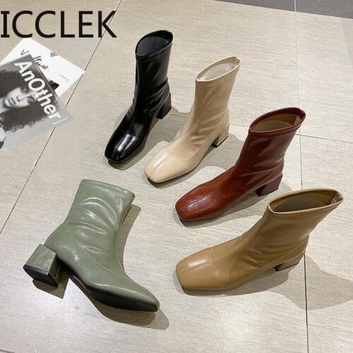 ICCLEK Solid Ankle Boots for Women Casual Block Heels Waterproof Boots Women Soft Leather Womens Ankle Boots Short Shoes A061