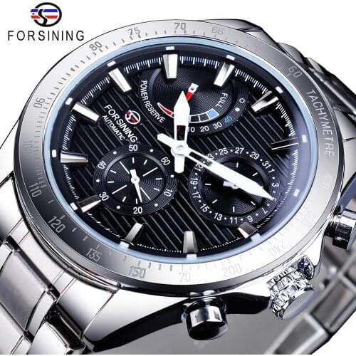 Forsining Power Reserve Design Men Automatic Mechanical Watch Black Silver Stainless Steel Date Waterproof Watch Luminous Clock