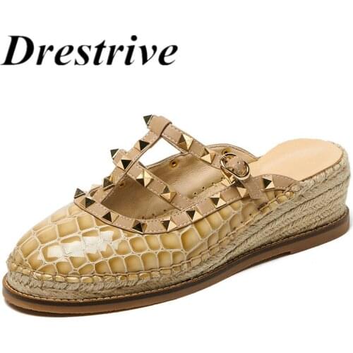 Drestrive Women Pumps Cow Leather Stone Pattern Round Toe Rivet 2021 Summer Wedges Sandals Fashion Slipper Mules Platform