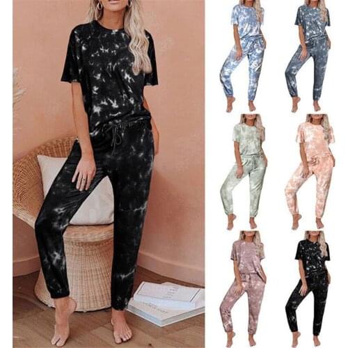 6colors Pajama Sets for Women Tracksuit Sweatsuit Loungewear Homewear Two Piece Set Suit Tie Dye Casual Loose Print Round Neck