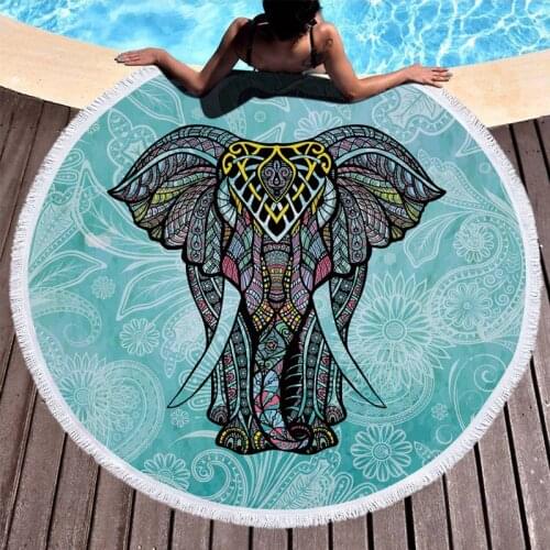 Lannidaa Boho Elephant Tassels Tapestry Blanket Microfiber Round Beach Towel Throw Yoga Mat Sunblock Tolla Carpet Circle 150CM