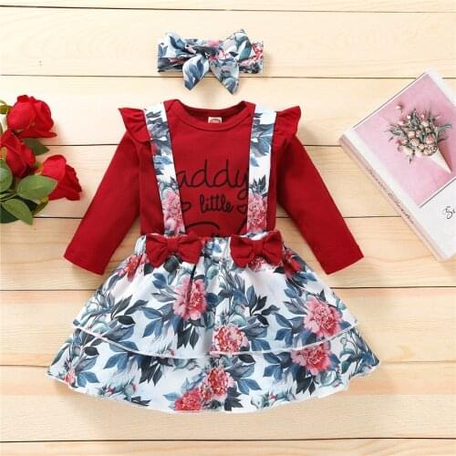 3Pcs Newborn Summer Outfits Letters Print Long Sleeves Romper Floral Suspenders Skirt Hairband Baby Girls Clothes 0-18 Months