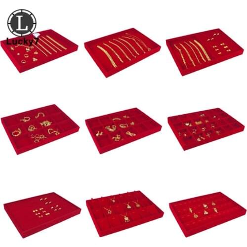 Red Velvet Jewelry Display Tray Jewellery Storage Box Necklace Earring Pendant Stud Organizer Other Accessories Show Case