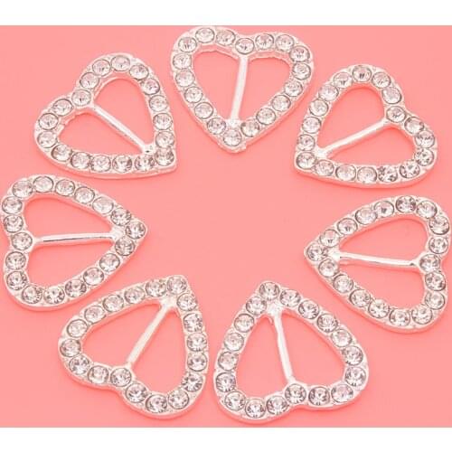 10pcs/lot 20mm Heart Rhinestone Metal Buckle for Ribbon Slider Bow Decoration DIY Hair Bag Webbing Accessories with Crystals