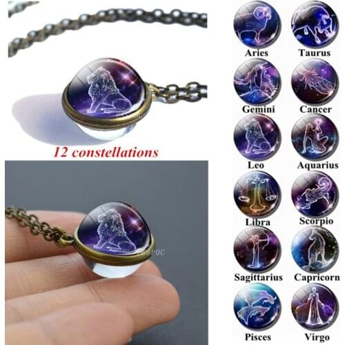 Fashion Jewelry 12 Constellations Double Side Pendant Ne Glass Ball Zodiac Sign Astrology Bronze Chain Necklace for Friends Gift