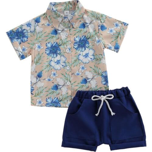 Fashion Kids Boys Casual Two-piece Clothes Sets Floral Printed Pattern Short Sleeve Shirt Top And Royal Blue Shorts