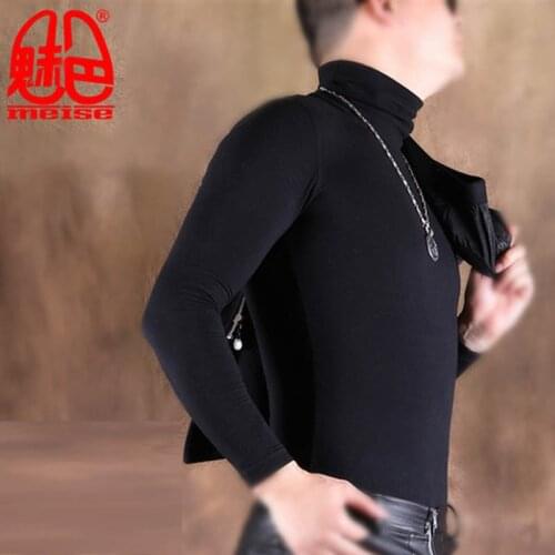 Mens Thickening Plus Velvet Warm High Collar Long-Sleeved T-Shirt Four-Sided High-Elastic Tight-Fitting Slim Bottoming Shirt K