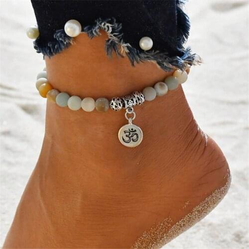Newest Fashion enkelbandje Charm Bohemian Ohm Bracelet On The Leg Beaded Natural Stone Anklet For Women Adjustable Foot Jewelry