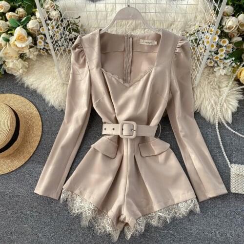 European and American Retro Solid Color Jumpsuit Lace V-neck Long-sleeved Waist Belt Wide-leg Eyelashes Lace Shorts