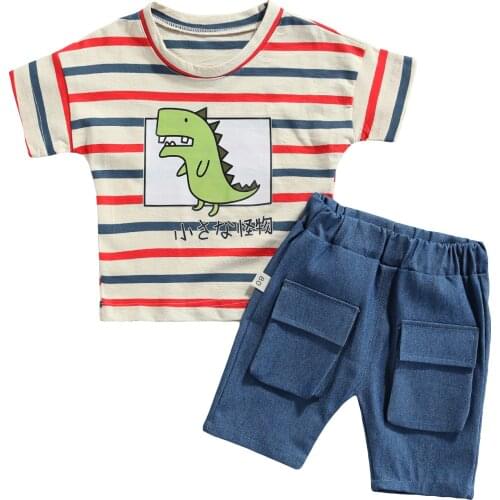 1-5Y Fashion Children Kids Boys Summer Clothes Sets 2pcs dinosaur Stripe Short Sleeve T-shirt Tops Shorts Outfit