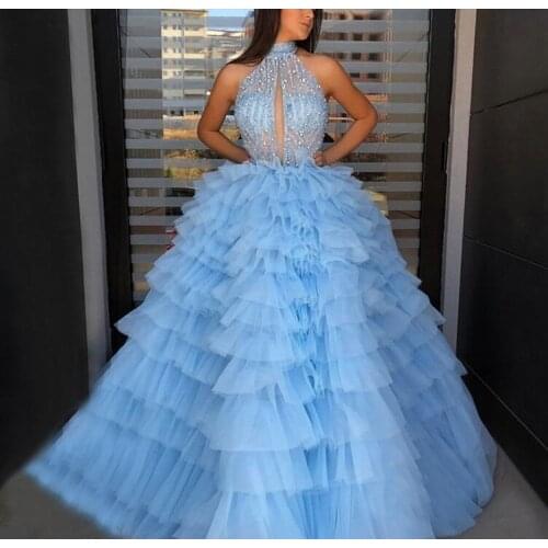 Light Blue Crystals Tiered Prom Dresses 2021 Ball Gown Formal Evening Dress O Neck Robe De Soiree