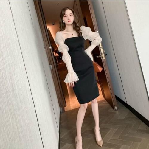 Runway Design 2021 New Arrival French Style Puff Sleeve Corset Wrap Black Vintage Christmas Dress Women Winter Autumn Casual