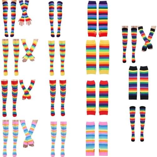 Colorful Rainbow Striped Knee Thigh High Socks/Arm Warmer Gloves for Halloween Costume Fun Party Cosplay Stage Show Holiday Gift