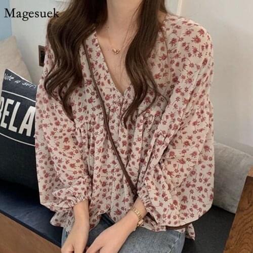 V-neck Chiffon Shirt Women Sweet Tops Blouse 2021 Spring New Korean Floral Print Long Sleeve Casual Loose Slim Lady Clothes 9307
