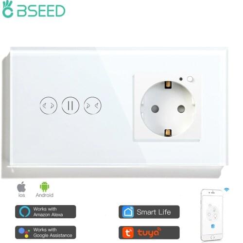 BSEED Wifi Touch Curtain Switch With Wifi EU Standard Socket With White Black Golden Crystal Glass Panel Smart Switch 16A