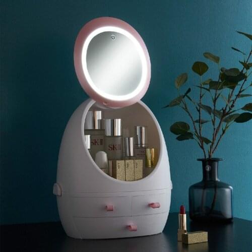 LED Light Makeup Organizer HD Mirror Cosmetic Storage Box Protable Creative Beauty Box Proof Drawer Waterproof Mirror LED Light