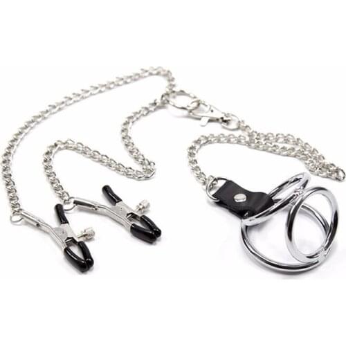 Adult Products S.S. Chain Breast Clip Binding BDSM Sex Toys Nipple Clamp Penis Three Rings Cage Cock Sleeves Dildos Cover