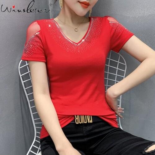 Summer European Style Patchwork Mesh T-Shirt Sexy V-Neck Shiny Diamonds Women Tops Short Sleeve All Match Tees New 2021 T14402A