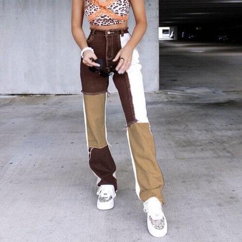 Za Vintage Patchwork Denim Pant Fashion Casual Button Straight Pants Autumn Streetwear 2021 Button High Waist Y2k Women Pant