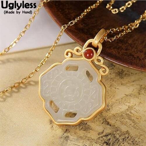 Uglyless Natural Jade Clover Pendants Necklaces for Women Real 925 Silver Hollow Necklaces with Chains Palace Statement Jewelry