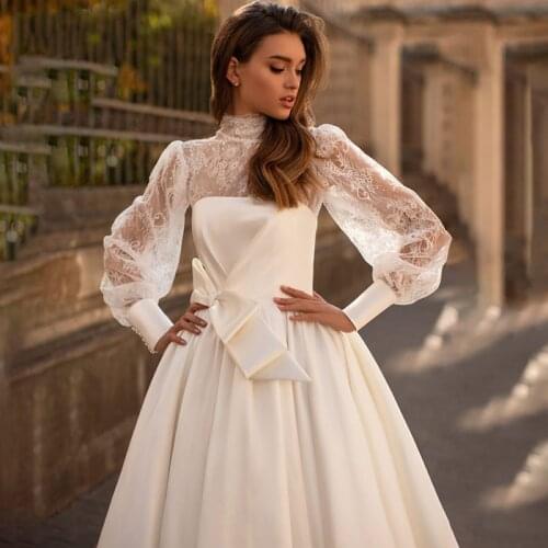 Eightree Long Sleeve Lace Wedding Dresses Satin 2 Pcs Bridal Dress High Nech A-line 2021 Wedding Gown Plus Size Vestido de Noiva