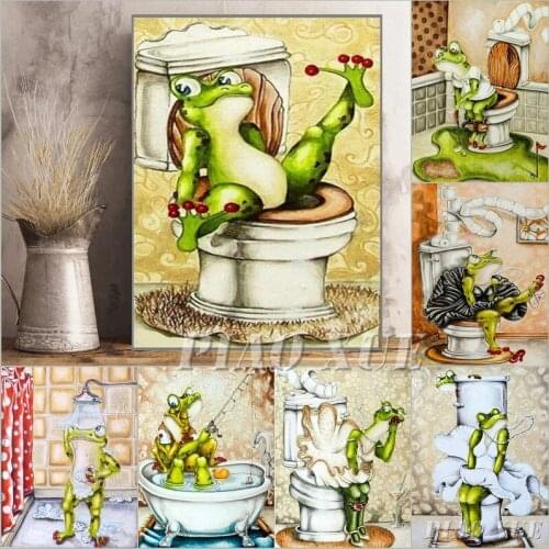 5d Diamond Painting Frog On Toilet And Bathroom Embroidery Cute Animal Cross Stitch Art Decoration