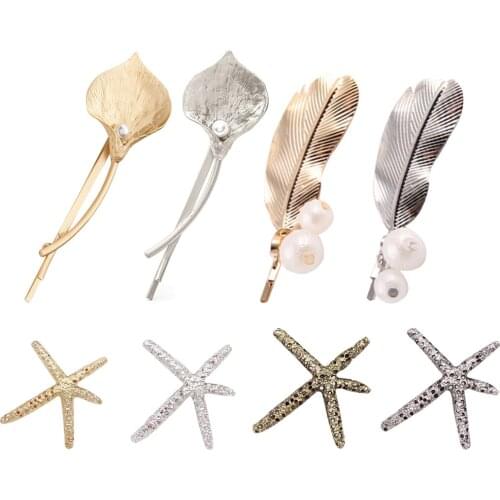 8Pcs Metal Leaves Hair Clip Fashion Starfish and Calla Lily Pearl Decor Alloy French Barrette Bobby Pin