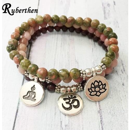Ruberthen 6 mm A Grade Garnet Ohm Bracelet Rhodonite Buddha Yoga Mala Bracelet Fashion Unakite Lotus Charm Bracelet for Women