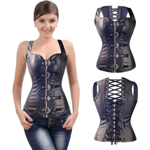 Black Leather Bustier Corset Women Steel Boned Overbust Vest Corset Tops to Wear Out Steampunk Corset Plus Size S-6XL
