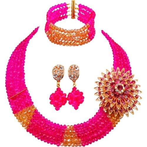 Fuchsia Pink Gold AB African Beads Jewelry Set Costume Necklace Crystal Party Jewelry Sets 3JK05