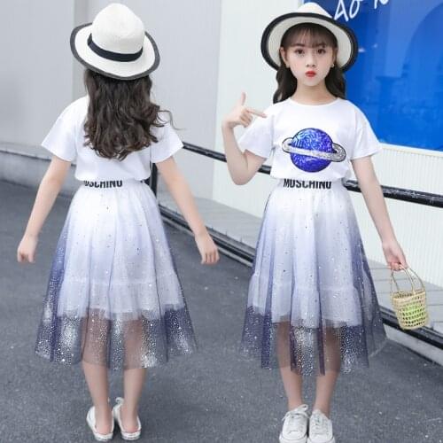 Teen Girls Summer Clothes Set Cotton T-shirt Tutu tulle Long Skirt Suit outfits kids Summer Costume children 6 8 10 12 14 Years