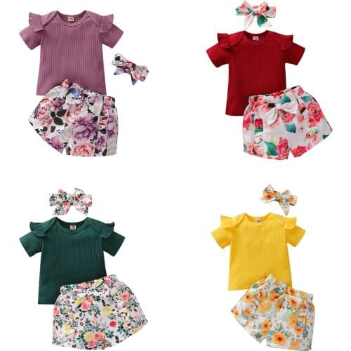 1-5Years Baby Girls Clothes Set Solid Color Short Sleeve O-neck Tops + Floral Print Shorts + Bow-knot Headband