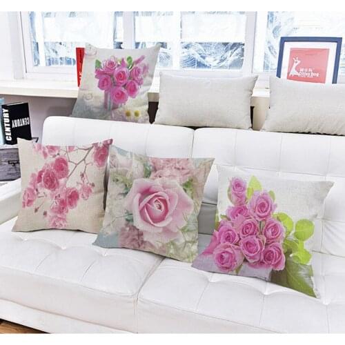 Flower Cotton Linen Throw Pillow Case Cushion Cover Home Decor Pink roses Cojines almofadas