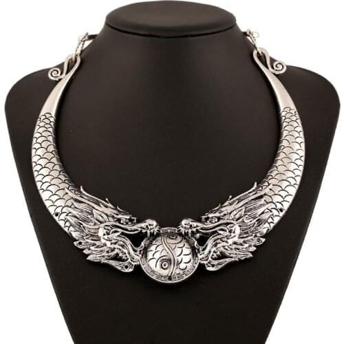 LOVBEAFAS Fashion Ethnic Vintage Choker Necklace Double Dragon Chinese Element Maxi Necklace Statement Necklace Collares