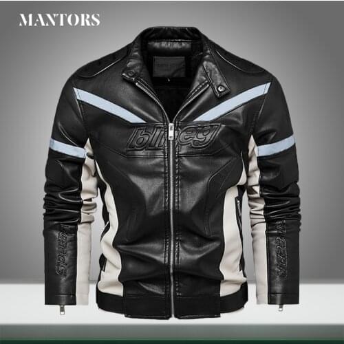 2021 New Men PU Leather Jacket Reflective Strip Warm Fleece Mens Motorcycle Jackets Zipper Fashion Windbreaker Outwear Coats
