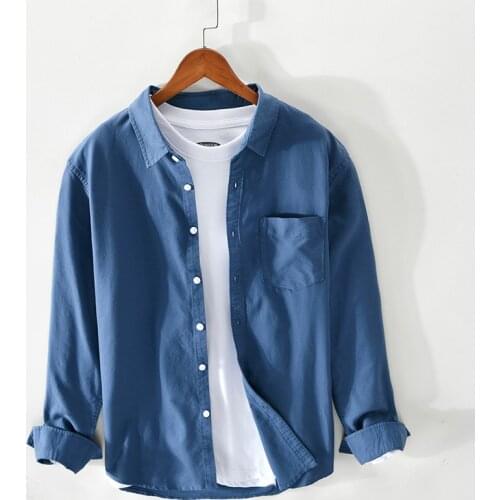 Mens Long Sleeve Shirt 100% Pure Cotton Casual Turn-down Collar Tops Solid Male Button Up Vintage Clothing 2020 New Multicolor