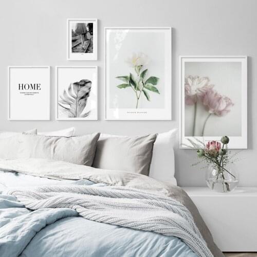 White Rose Pink Flower Feather Wall Art Canvas Painting Nordic Posters Print Wall Pictures For Living Room Bedroom Decoration